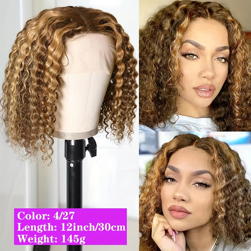 Curly Bob Wigs 13X4 Lace Front Wig Brazilian Remy Human Hair Wigs Blonde Brown Deep Wave Short Wig For Women 13x4 Lace Highlight Color 4/27 10-16inch 150%