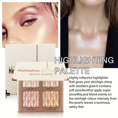 4-Color Radiant Face and Eye High Gloss Integrated Palette - Long-Lasting, Waterproof, Full Coverage, All Skin Tones Compatible - Sparkling Pearlescent Glitter Mixed Color Highlight Palette Perfect for Music Festival