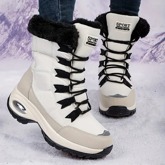 Warmth & Comfort Guaranteed: Womens Thickened Air Cushion Snow Boots - Flannel Lined, Non-Slip, Round Toe, PU Sole, Non-Woven Upper - Perfect for Hiking and Winter Activities Chic Le'Meek