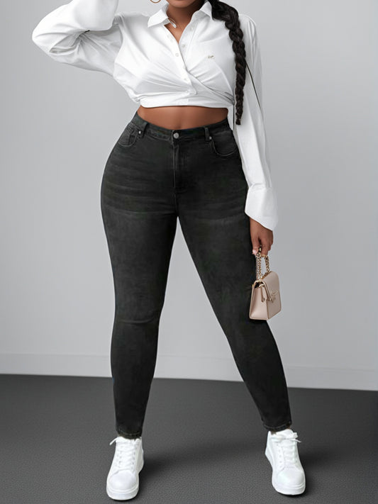 Women's Casual Jeans, Plus Size Solid Color High Rise Whiskering Slash Pocket Skinny Denim Pants