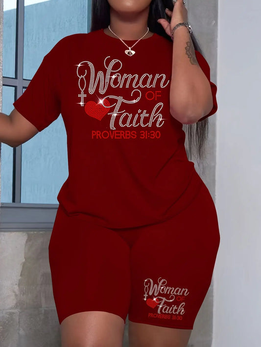Ladies' Casual Short Sleeved Shorts Set, Hot Stamping Craftsmanship, Women's Faith Letter Hot Stamping Heart Pattern Chic Le'Meek