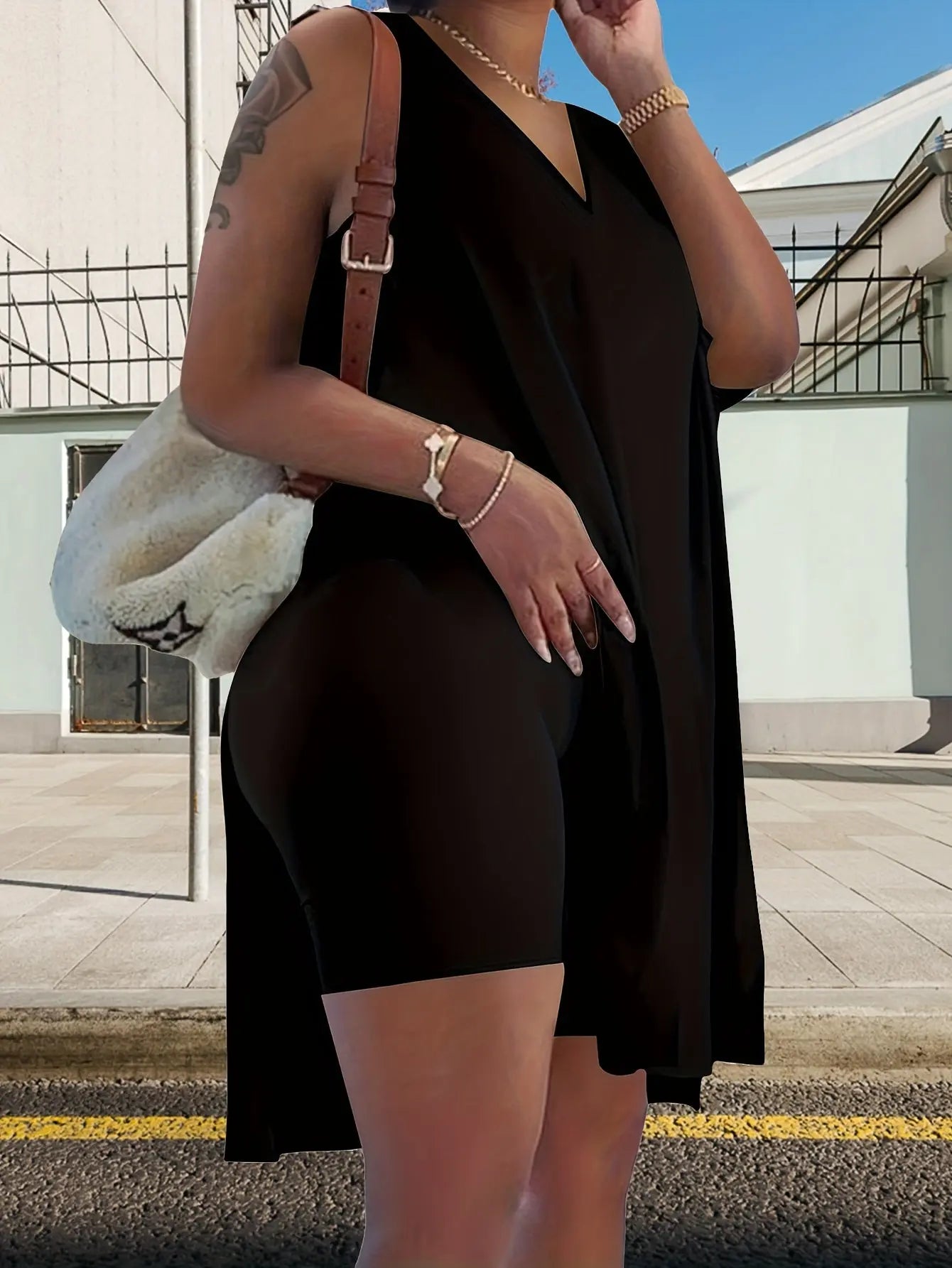 Two-piece Set Of Super Large Size Casual Clothes With Medium Elasticity, Women'S Super Large Size Medium Elasticity V Neck Split Hem Slightly Elastic Vest And Shorts Two-piece Set Chic Le'Meek