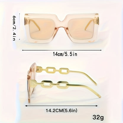 4 Pcs Retro Square Glasses With Fashion Link Chain Temple Plastic Frame, Golden Metal U-Shaped Hoop Earrings & 'Love' Heart Pendant Necklace, Perfect For Party Vacation Travel