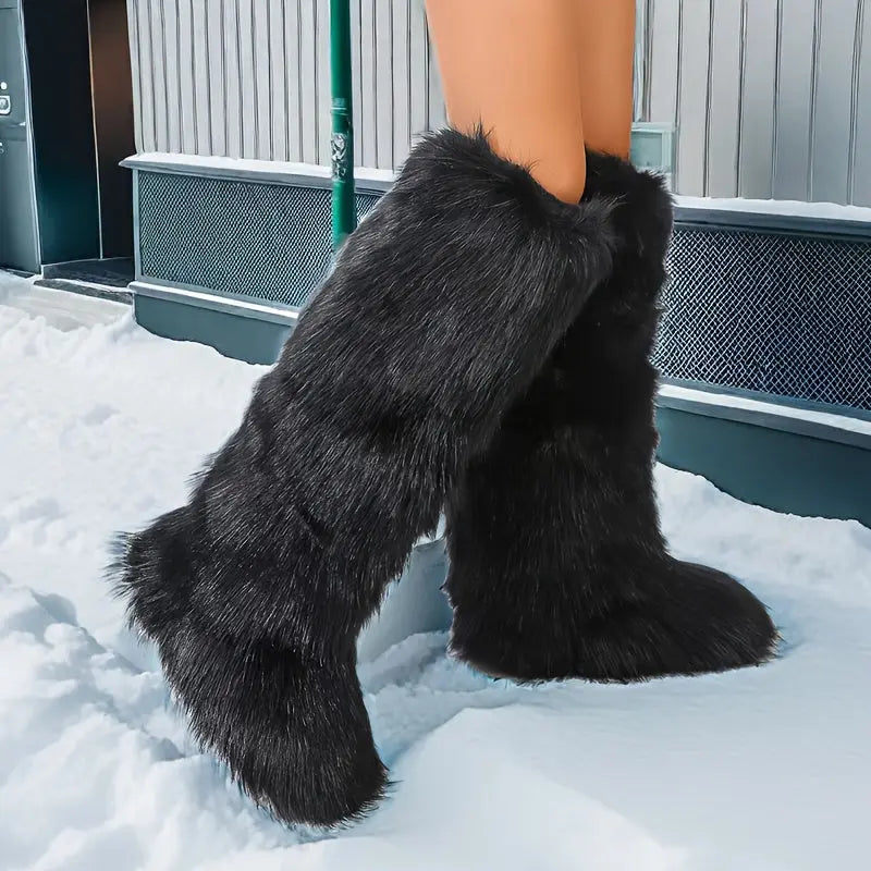 Fashion Faux Fur Knee High Boots - Women's Solid Color Snow Boots, Comfortable Chic Le'Meek