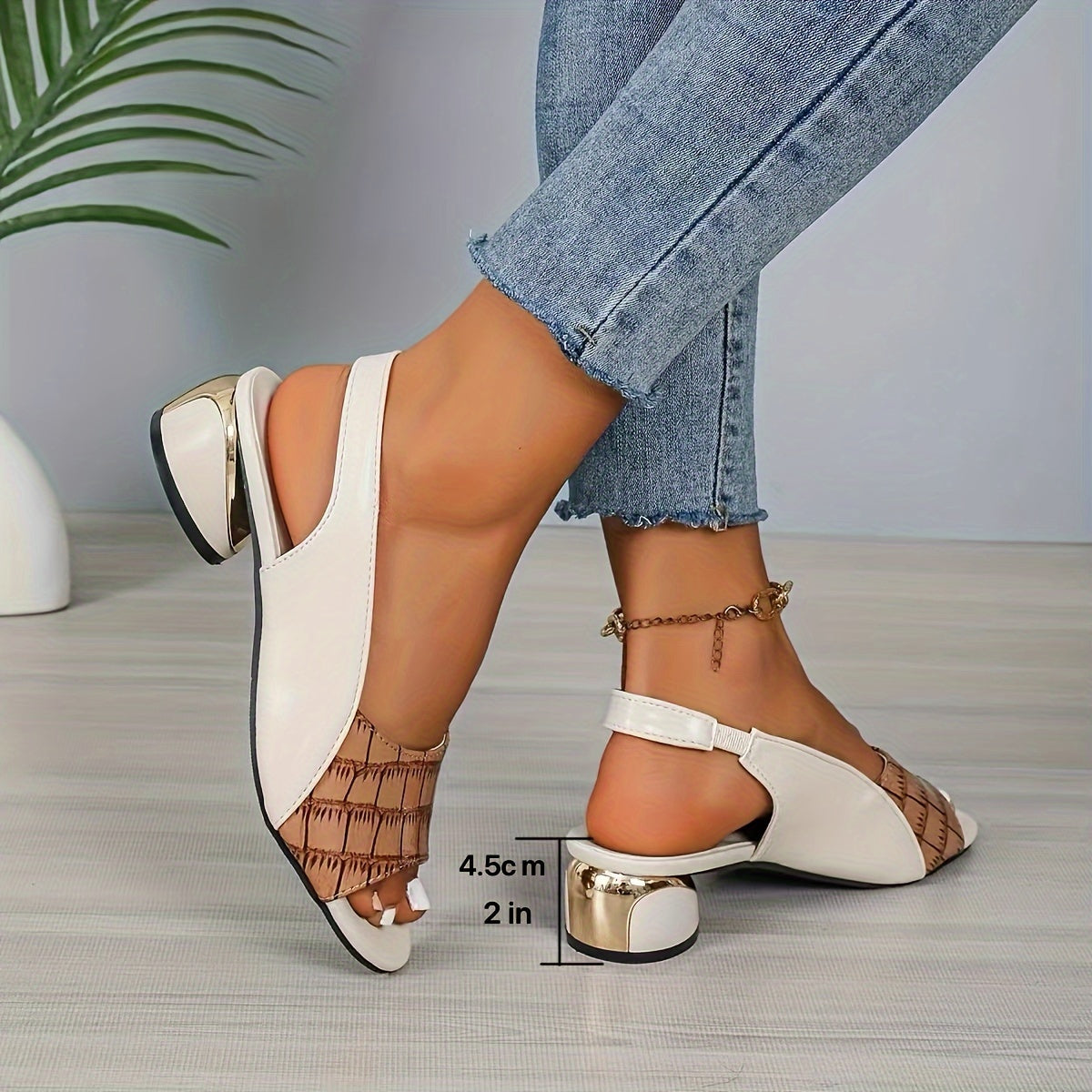 Mid Heel Block Heel Striped Open Toe Sandals - Slip-On, Casual, Comfortable, Summer Outdoor Shoes with TPU Inner Material and Rubber Sole