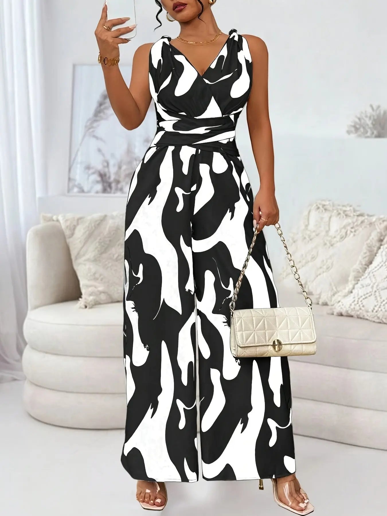 Women's Elegant Backless Jumpsuit with V-Neck & Cross Front Detail - Black & White Abstract Pattern Sleeveless Romper, Machine Washable Spring/Summer Party & Casual Outfit, Ladies Jumpsuit Chic Le'Meek