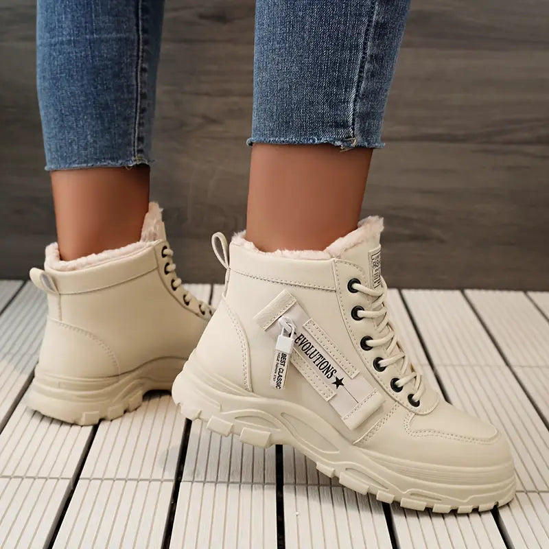 [Warm Fleece-Lined Winter Boots] Warm Fleece-Lined Women's Winter High-Top Boots - Thick Rubber Sole, Lace-Up Casual Style, White & Beige, Perfect for Cold Weather Comfort Chic Le'Meek