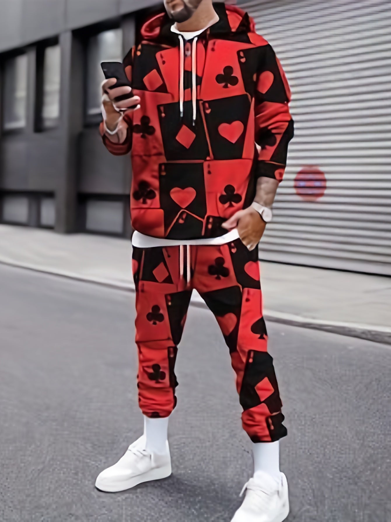 Casual Sporty Two-Piece Outfit With All-over Digital Pattern Print, Long Sleeve Hoodie And Pants Co Ord Set