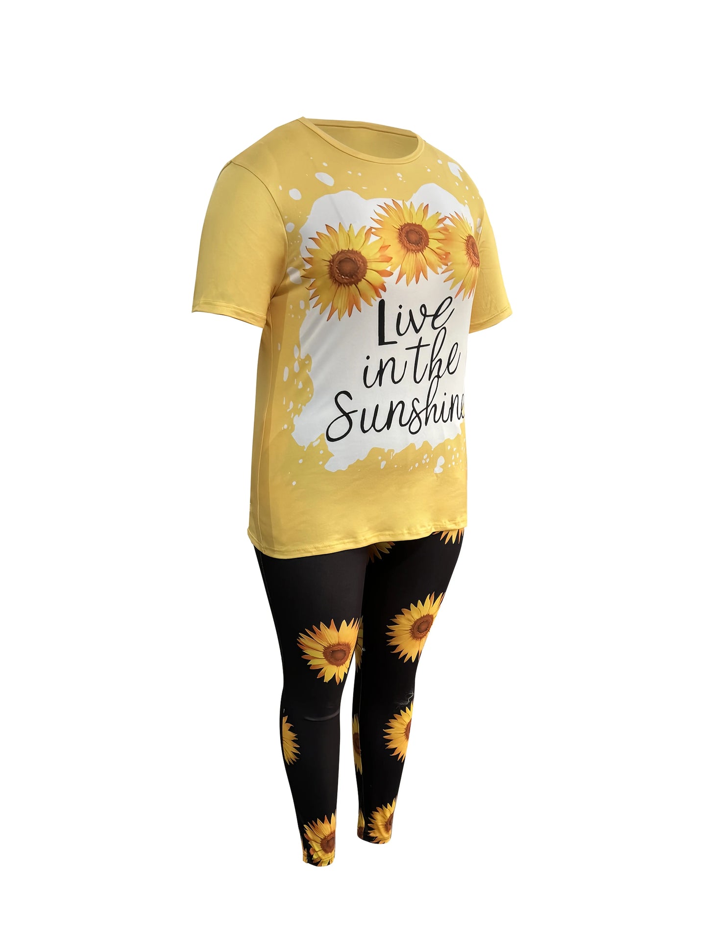 Floral Print Live In The Sunshine Lettering Women's Casual Suit - Pants With Pockets Chic Le'Meek