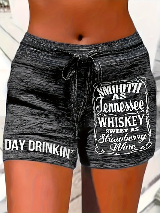 Two-Pocket Whiskey Letter Print Drawstring Track Shorts - Stretchy Casual Polyester Shorts for Women, All-Season Wear, Lace-Up Closure, Alphabet Pattern, Position Printing, Knit Fabric, Medium Stretch, No Sheer