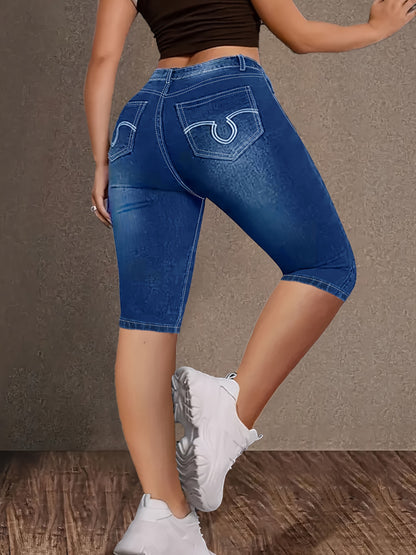 Plus Size Blue Geometric Embroidered Capri Jeans With High Waist And Vintage Retro Style, Women's Denim Jeans & Clothing