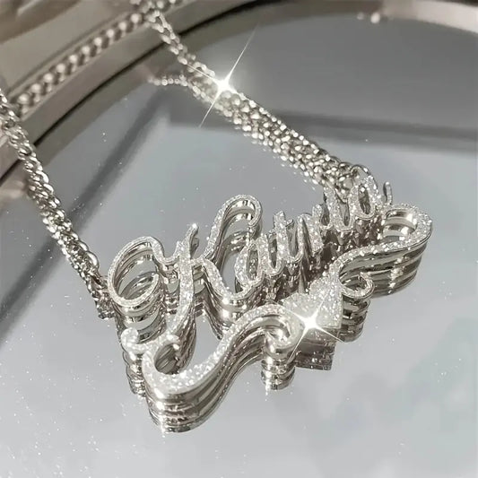1pc Personalized Stainless Steel Name Necklace - Frosted Letter Pendant with Sparkling Accents, 18K Golden Plated Cuban Link Chain, Bohemian Chic Unisex Jewelry Gift for Women & Men, Casual or Special Occasions, Cursive Font Chic Le'Meek