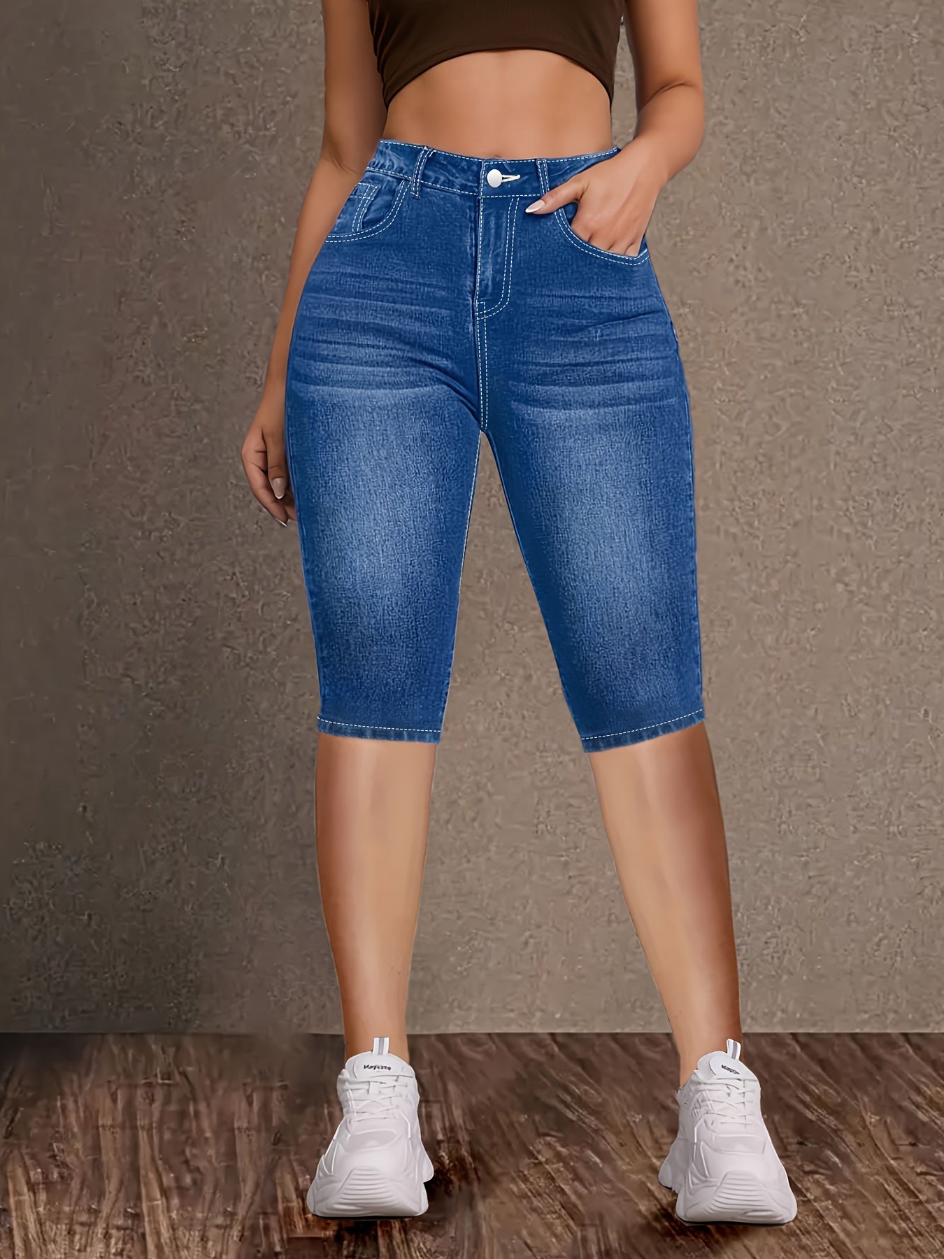 Plus Size Blue Geometric Embroidered Capri Jeans With High Waist And Vintage Retro Style, Women's Denim Jeans & Clothing