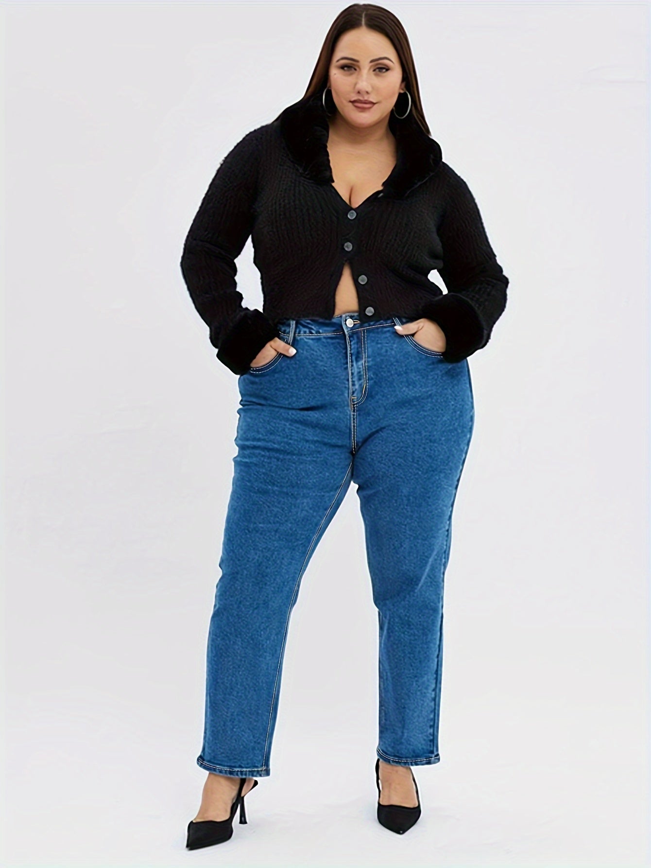 Plus Size Tapered Jeans For Women High Waist Strethcy Pants Full Length Denim Jeans Light Blue Mom Pants