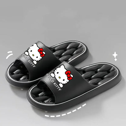 Sanrio Hello Kitty Kawaii Cartoon Slides - Unisex Breathable Soft Sole EVA Slippers, Comfortable Non-Slip Casual Shoes for Indoor & Outdoor Use, Black & Cream Design with Red Bows, Cute Slippers Chic Le'Meek