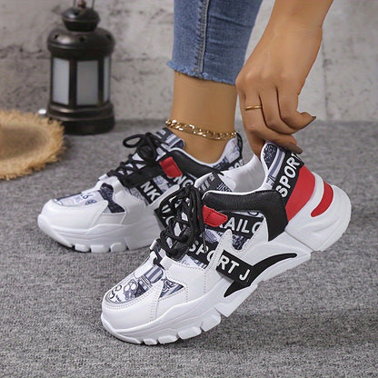 Women's Letter Pattern Casual Sneakers, Lace Up Platform Soft Sole Sporty Trainers, Lightweight Low-top Shoes