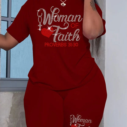 Ladies' Casual Short Sleeved Shorts Set, Hot Stamping Craftsmanship, Women's Faith Letter Hot Stamping Heart Pattern Chic Le'Meek