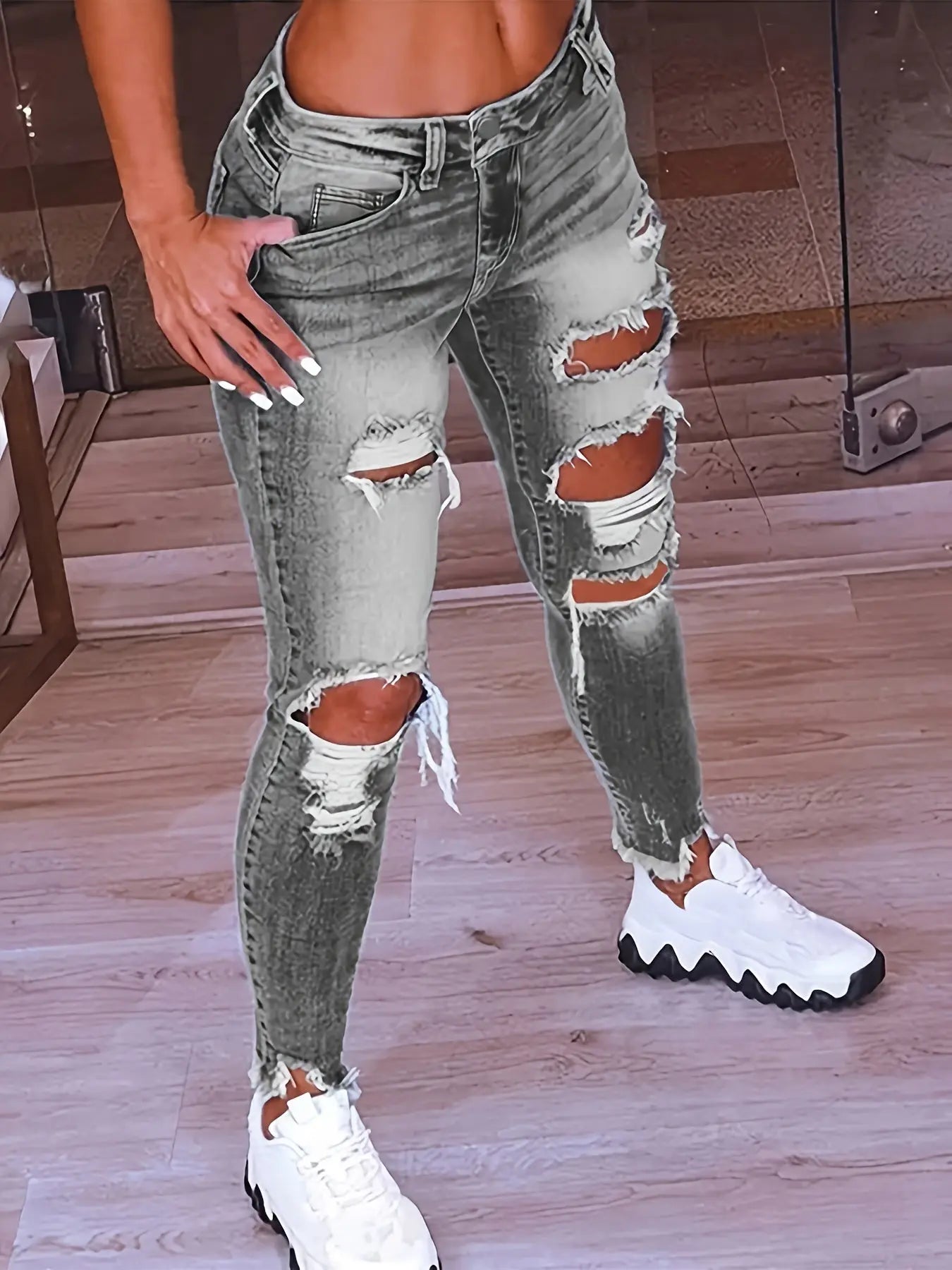 Plus Size Womens Fashionable Skinny Jeans - Durable & Stretchy, Distressed Ripped Design with Raw Trim, Button Fly, Low Rise - Perfect for Curvy Figures, Trendy Denim Style Temu