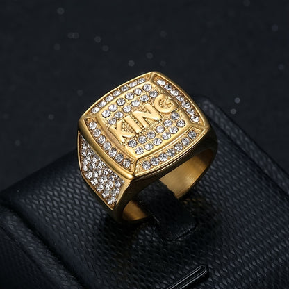 1pc 316L Stainless Steel Hip Hop Punk Style Ring, Luxurious Golden/Silvery King Ring, Inlaid With Rhinestone Ring For Men, Boyfriends Gift Fashion Jewelry