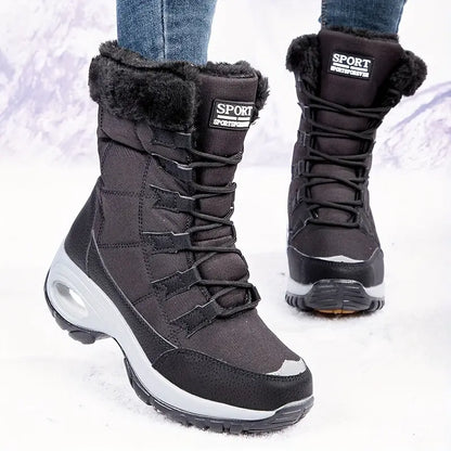 Warmth & Comfort Guaranteed: Womens Thickened Air Cushion Snow Boots - Flannel Lined, Non-Slip, Round Toe, PU Sole, Non-Woven Upper - Perfect for Hiking and Winter Activities Chic Le'Meek