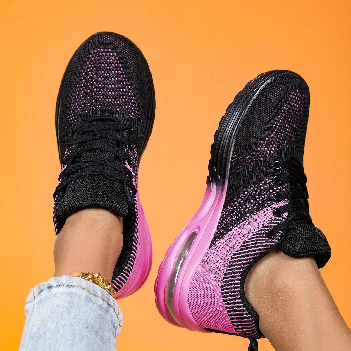 Women's Plus Size Air Cushion Sneakers - Breathable Mesh & Stabilizing Support, All-Season Comfort Casual Running & Fitness Shoes, Stylish Red Sneakers with PU Sole & Fabric Lining, Ladies Sneakers, Vibrant Gradient Design, F Chic Le'Meek