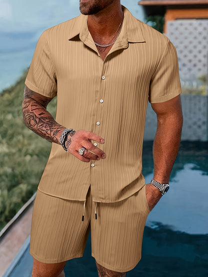 Two-Piece Summer Outfit for Men - Casual Pleated Striped Short Sleeve Shirt with Drawstring Shorts, Lapel Collar, Button Details, Non-Stretch Polyester Fabric, Hand Wash Only, Solid Color