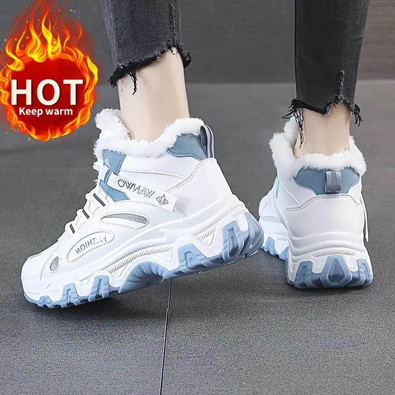 Women's Blue Fashion Winter Sneakers - Thick Sole, Plush Lining for Warmth, Non-Slip, Versatile Casual Sports Shoes with Round Toe and Lace-Up Closure, Ladies Sneakers Chic Le'Meek