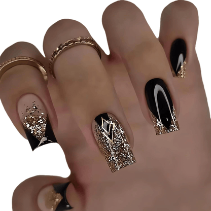 24PCS Square Fake Nails French Tip Press On Nails Medium Black Glue On Nails Full Cover False Nails With Golden Glitter Designs French Nails