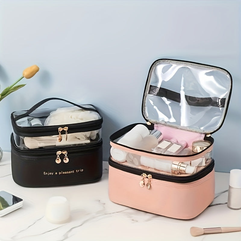 Large Capacity Double Layered Waterproof Transparent Makeup Bag - Portable, Travel-Friendly, Fashionable Cosmetic Storage with Polyester Material and Water Resistance