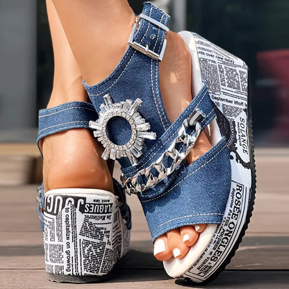 Newspaper Buckle Denim Wedge Slippers - Without Anklet Chic Le'Meek