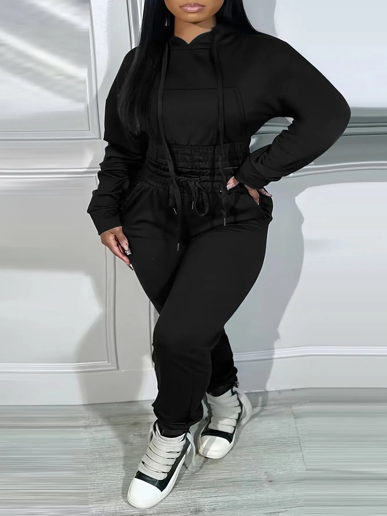 [Plus Size Elasticated Tunic Jogging] Plus Size Solid Elasticated Tunic Hooded Jogging Set Temu