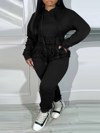 [Plus Size Elasticated Tunic Jogging] Plus Size Solid Elasticated Tunic Hooded Jogging Set Temu
