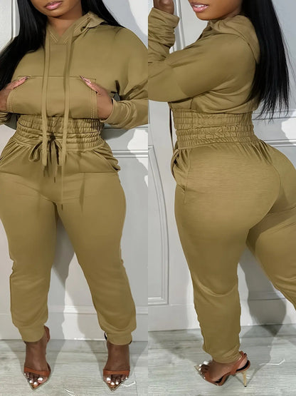 [Plus Size Elasticated Tunic Jogging] Plus Size Solid Elasticated Tunic Hooded Jogging Set Temu