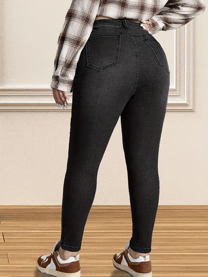 Plus Size Casual Jeans, Women's Plus Washed Button Fly High Rise High Stretch Skinny Jeans