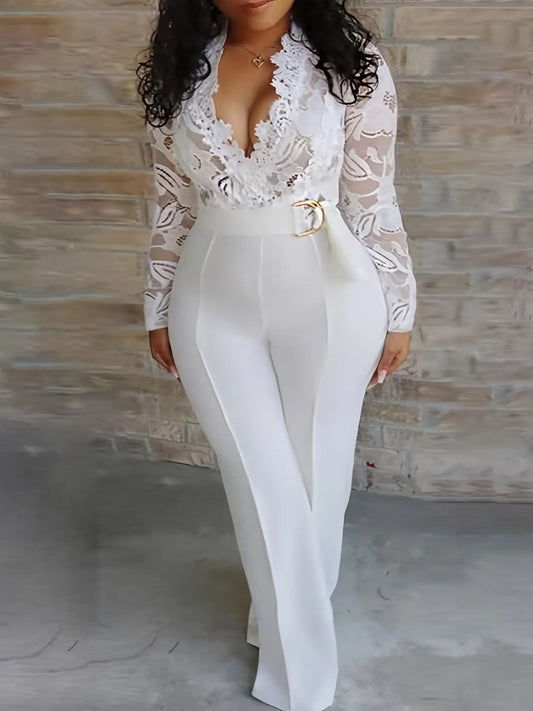Women'S Plus Size Elegant V-Neck Lace Jumpsuit with Belt - Stretchy Black Long Sleeve Romper AliExpress