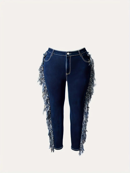 [Comfortable Oversized Jeans] High Waisted Comfortable Oversized Jeans | Deep Blue Fringed Diagonal Pockets, Distressed Fringed, Y2K Fringed Leggings, Tight Pants, Elastic, Casual And Fashionable Chic Le'Meek