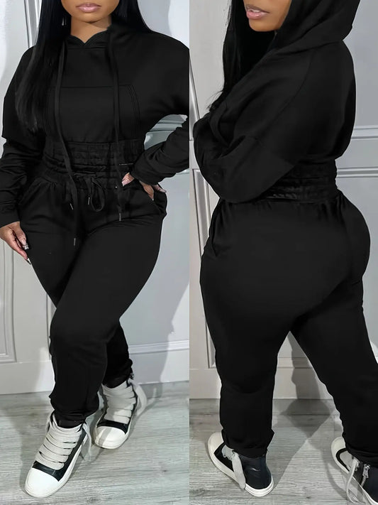 [Plus Size Elasticated Tunic Jogging] Plus Size Solid Elasticated Tunic Hooded Jogging Set Temu