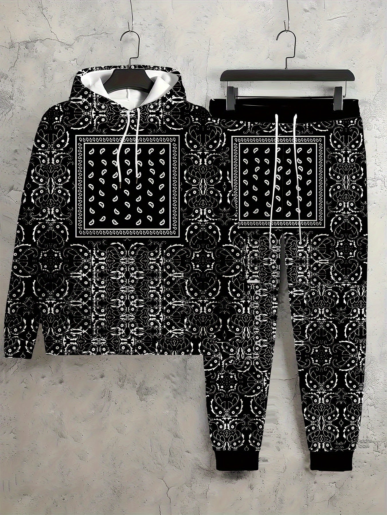 2PCS Plus Size Men's Hoodie Set - Geometric Print Long Sleeve Hoodie Sport Pullover And Pocket Drawstring Trousers, Stylish Activewear