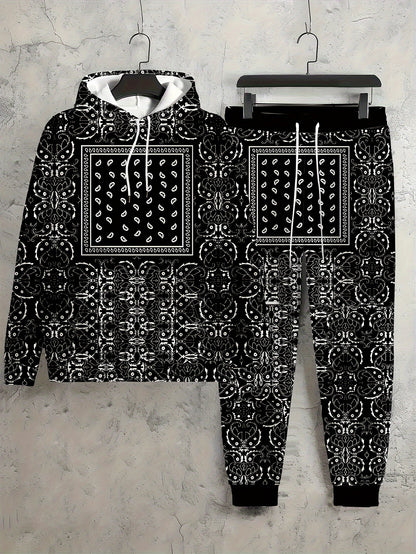 2PCS Plus Size Men's Hoodie Set - Geometric Print Long Sleeve Hoodie Sport Pullover And Pocket Drawstring Trousers, Stylish Activewear