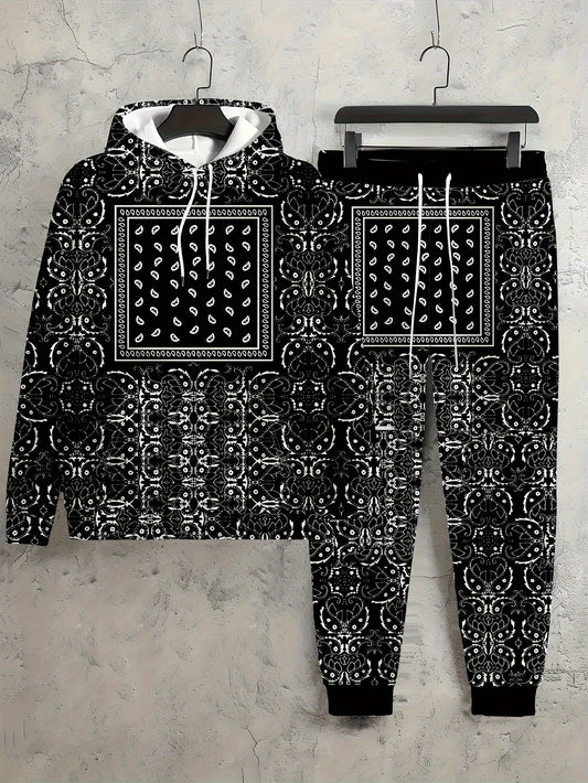 2PCS Plus Size Men's Hoodie Set - Geometric Print Long Sleeve Hoodie Sport Pullover And Pocket Drawstring Trousers, Stylish Activewear