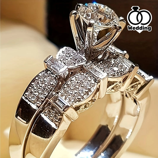 2pcs Paved Shining Zirconia Glamorous Stacking Rings Symbol Of Luxury And Nobility Engagement/Wedding Ring Dupes Luxury Jewelry Chic Le'Meek