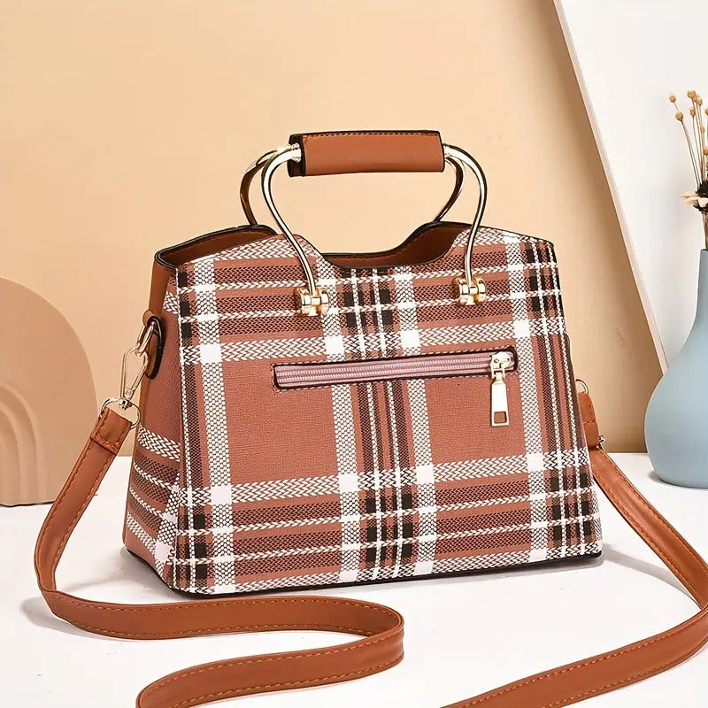 [Elegant Tote Bag] Elegant Plaid Tote Bag | Detachable Shoulder Strap & Zipper Closure, Black with Golden Accents, Charm Charms & Oil-Edged Trim, Versatile Handbag for Casual & Formal Outfits, Retro Handbag, Formal Accessory, Chic Le'Meek