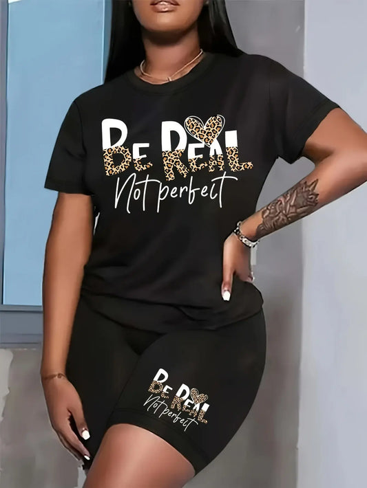 Plus Size Women's Cotton T - Shirt. The "Be Real Not perfect" print is trendy. Ideal for summer, offering comfort and a stylish look for casual outings. Chic Le'Meek