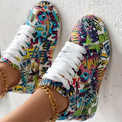 Casual Chic Women's Vibrant Graffiti Print Sneakers - Low Top, Round Toe, Rubber Sole, Faux Cover Interior, All-Season Casual Lace-Up Shoes AliExpress