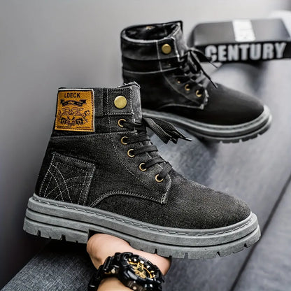 Men's Thick Anti-Slip Shock-Absorbing Ankle Boots - Durable PU Upper & PVC Sole, All-Season Versatile Lace-Up Shoes for Casual, Outdoor & Daily Wear, Casual Streetwear, Modern Street Footwear, Comfortable Fabric Insole Chic Le'Meek