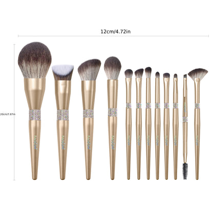 12-Piece Luxurious Crystal Makeup Brush Set - Soft, Cruelty-Free Bristles, Champagne Golden Handle, Portable Case - Ideal for Powder, Blush, Foundation, Eyeshadow, Highlighter, Concealer, and Makeup Artists of All Levels