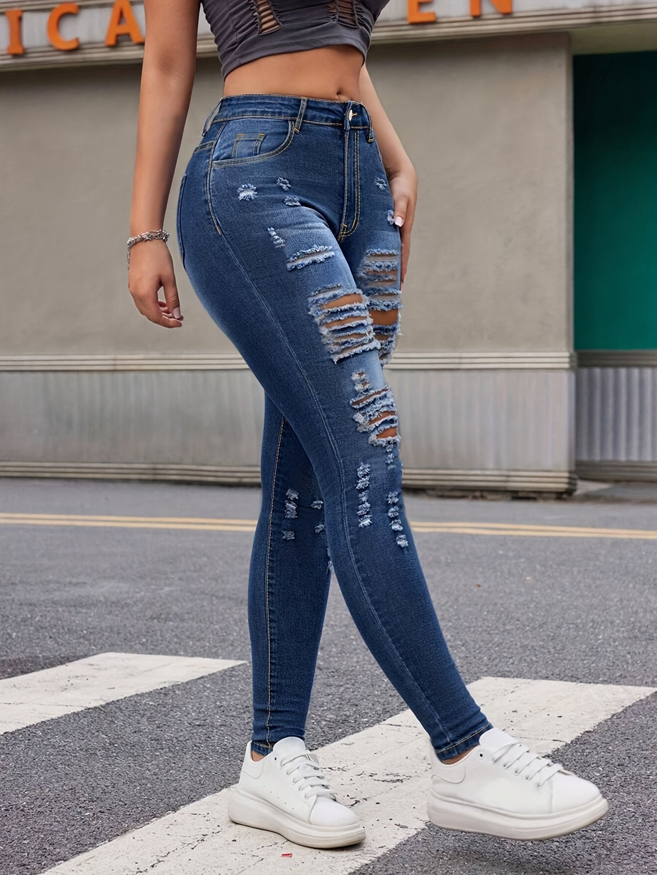 Women's Plus Size Stretchy Skinny Jeans, Ripped Distressed Denim, Basic Style Ankle-Length Denim Pants