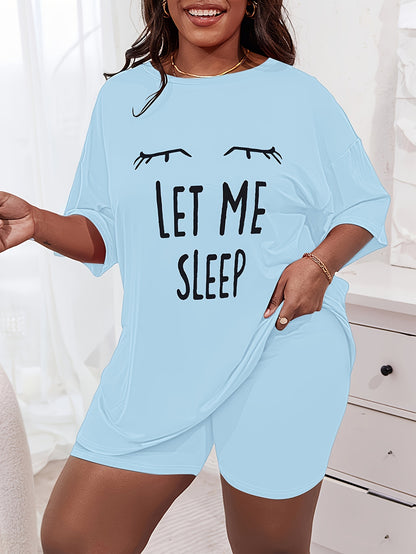 Plus Size Womens Comfort Lounge Set - Bold Eye & Slogan Print Tee with Shorts, Round Neck, Short Sleeve, Drop Shoulder - 2 Piece Casual Home Wear Set for a Stylish Relaxation