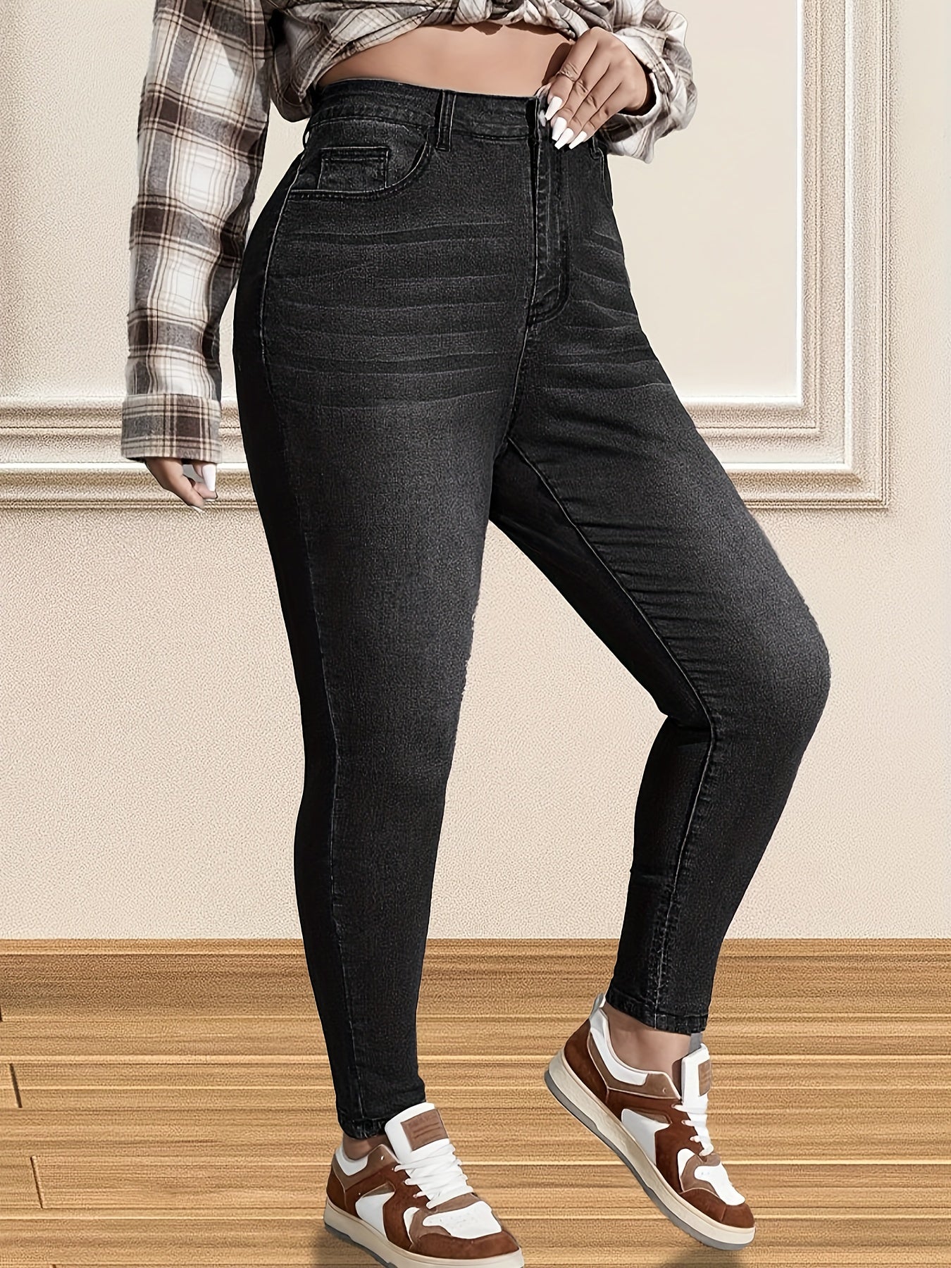 Plus Size Casual Jeans, Women's Plus Washed Button Fly High Rise High Stretch Skinny Jeans