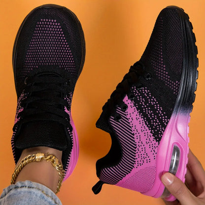 Women's Plus Size Air Cushion Sneakers - Breathable Mesh & Stabilizing Support, All-Season Comfort Casual Running & Fitness Shoes, Stylish Red Sneakers with PU Sole & Fabric Lining, Ladies Sneakers, Vibrant Gradient Design, F Chic Le'Meek